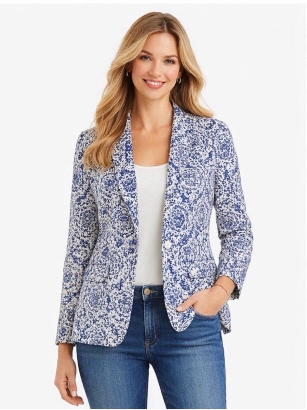 Talbots Womens 12 Blue White Paisley Batik Print Lined Blazer NWOT